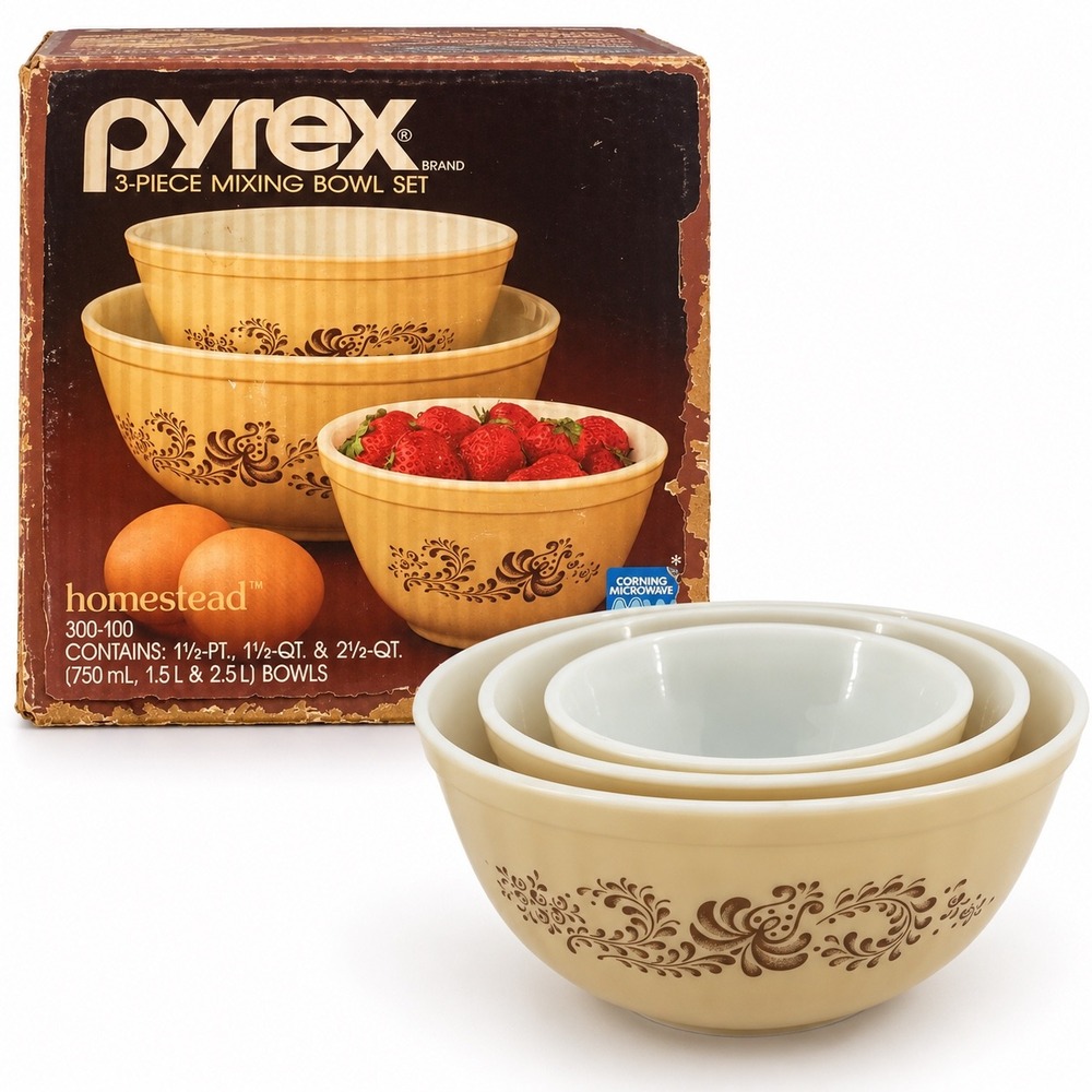 Vintage Pyrex Homestead Milk Glass 3 Piece Mixing Bowl Set in Box Brown Floral